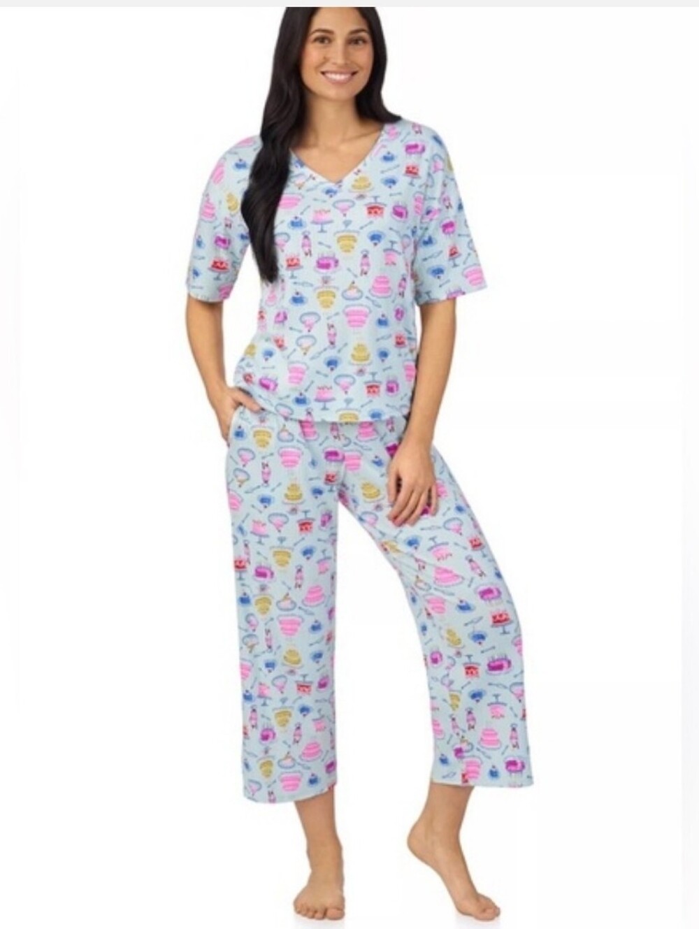 Cuddl Duds Pajama Set Capri Light Blue Cake Print Pockets Pink Yellow 2pc NEW